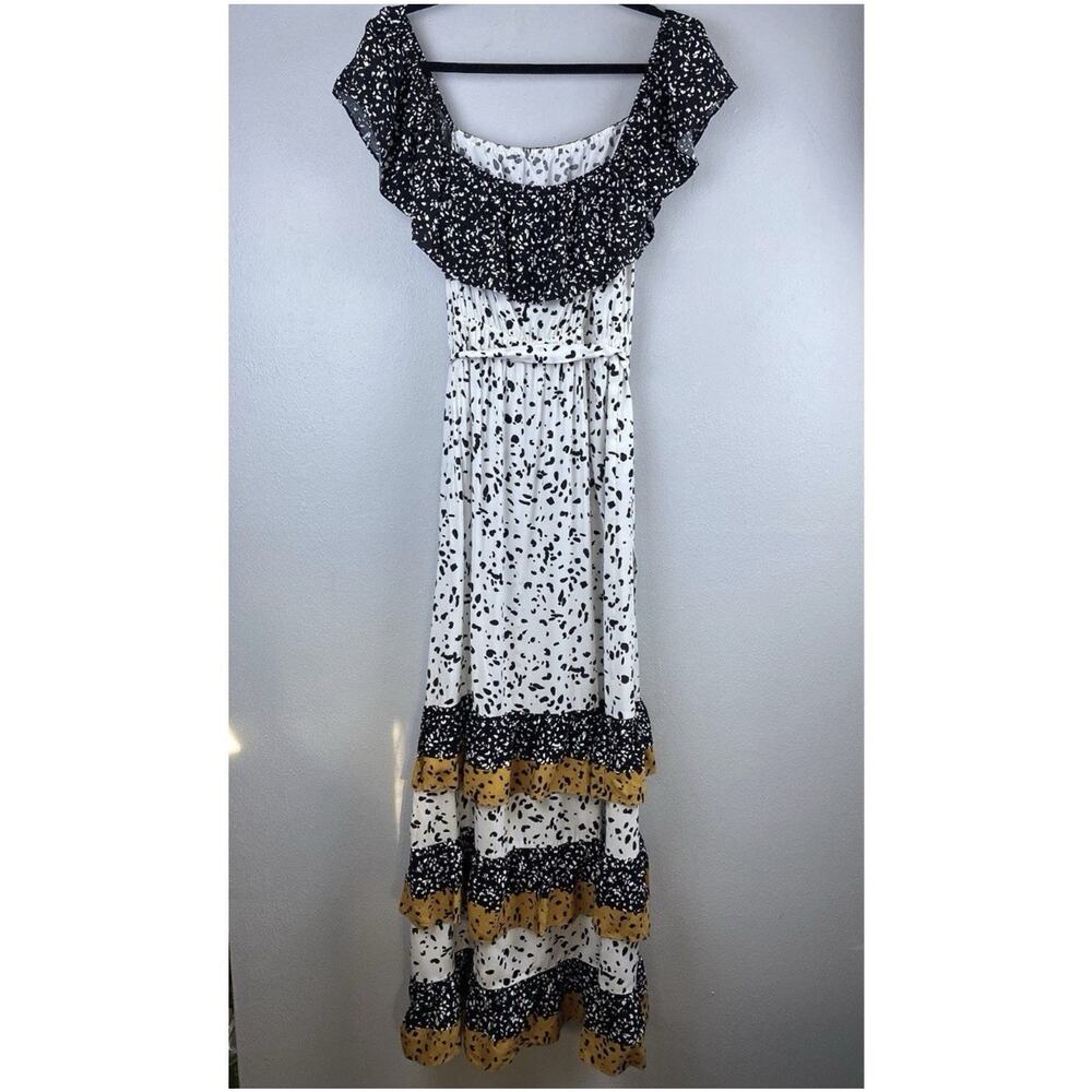 NWT Les Serein Off Shoulder Ruffle Tiered Bohemian Frnt Slit Elastic Maxi Dress - Picture 5 of 12